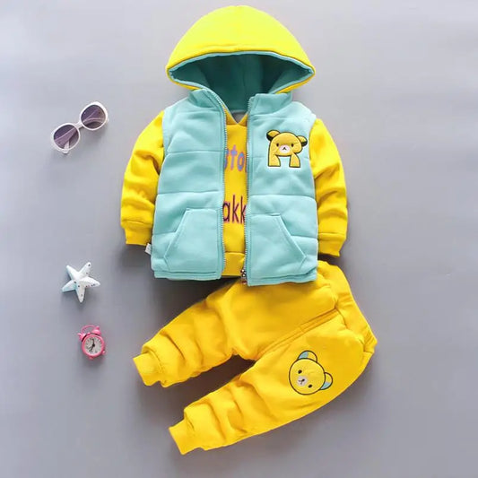 Maxy 2024 New Baby Boys Girls Christmas Cartoon Winter Hooded Plush Warm Vest Coat+Sweatshirt+Pants 3Pcs Infant Children Sports Suit