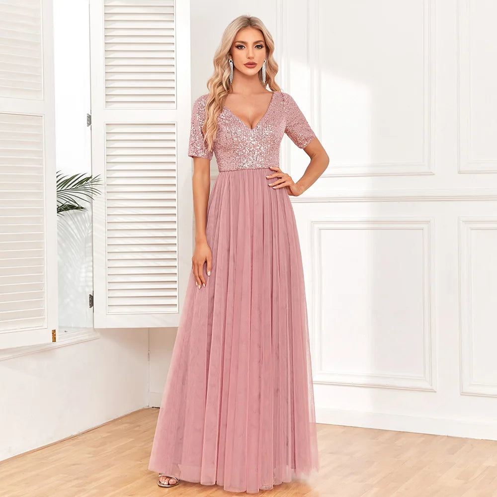 Maxy Ladies Elegant Short Sleeved Dress with Lace Embroidery V-neck A-line Sequin Evening Dress Bridesmaid Party Graduation Dres