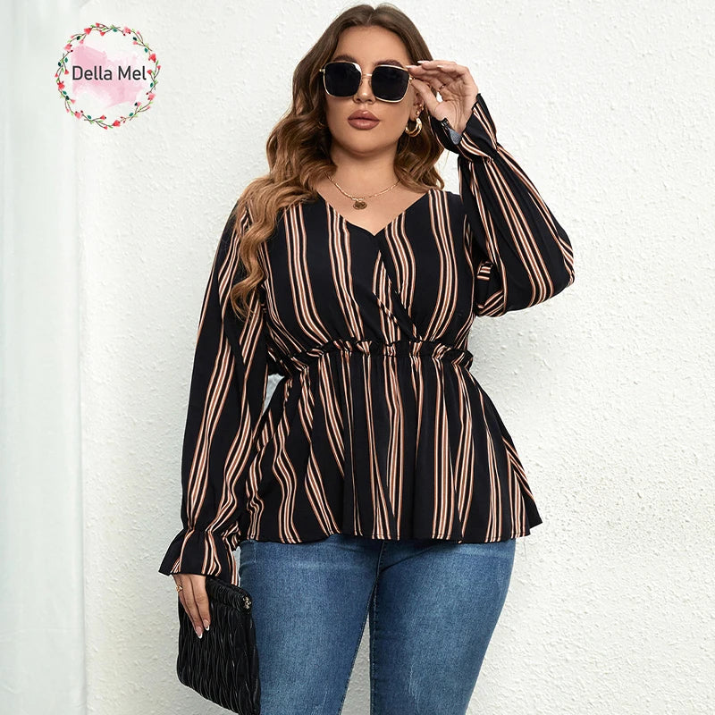 Maxy Women Plus Size Vintage Long Sleeve Tops Striped Print Wrap V-Neck Loose Ruffles Elastic Waist Peplum Blouses 3XL 4XL