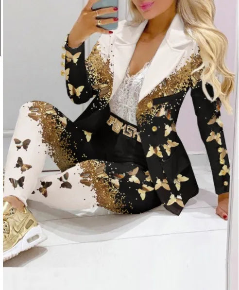 Maxy Fashion Butterfly Print Blazer Suit and Pants Two Piece Set for Women Autumn Winter Outfit Office Lady Casual Clothing