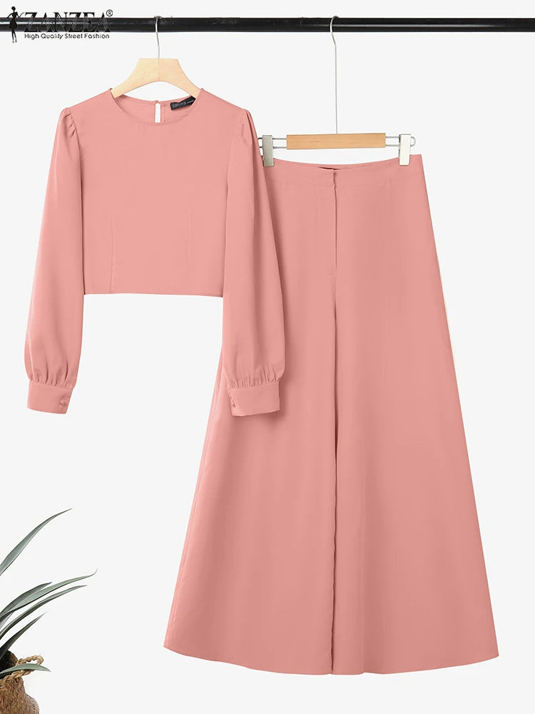 Maxy ZANZEA Autumn 2PCS Outfits Women Pant Sets Solid Tracksuits Suit Long Sleeve Cropped Tops Wide Leg Trousers Matching Sets