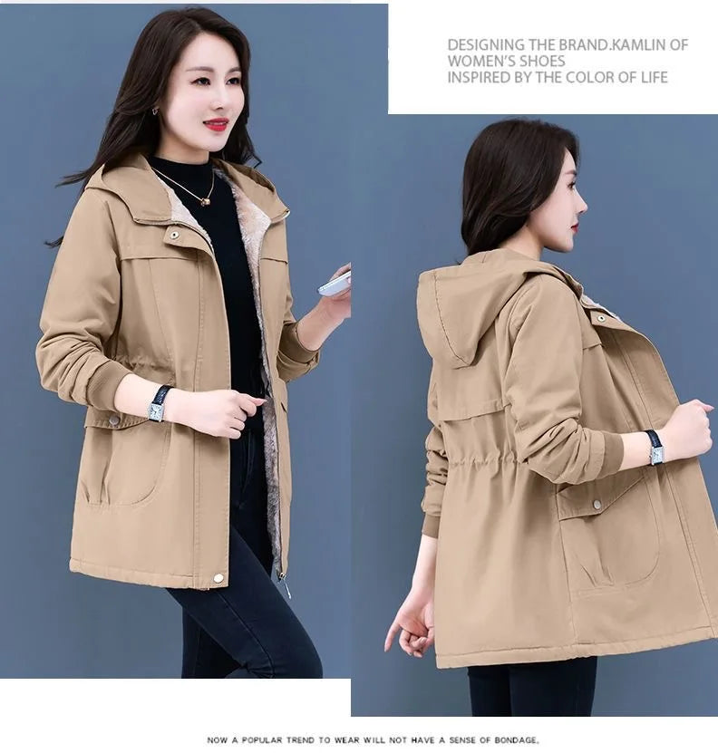 Maxy Casual Plus Velvet Warm Winter Trench Coat For Women Slim Hooded Thicken Cotton Jacket Female Snow Wear Overcoat.