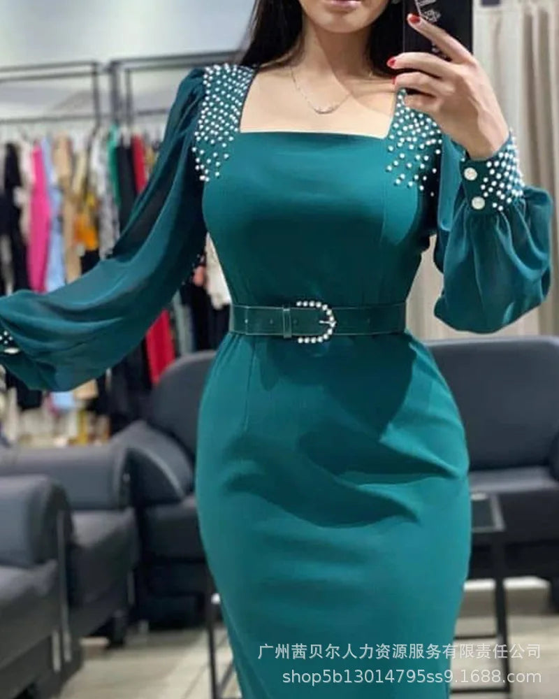 Maxy New Women Dresses Square Neck Bubble Bead Tight Mid Length Dress for Women