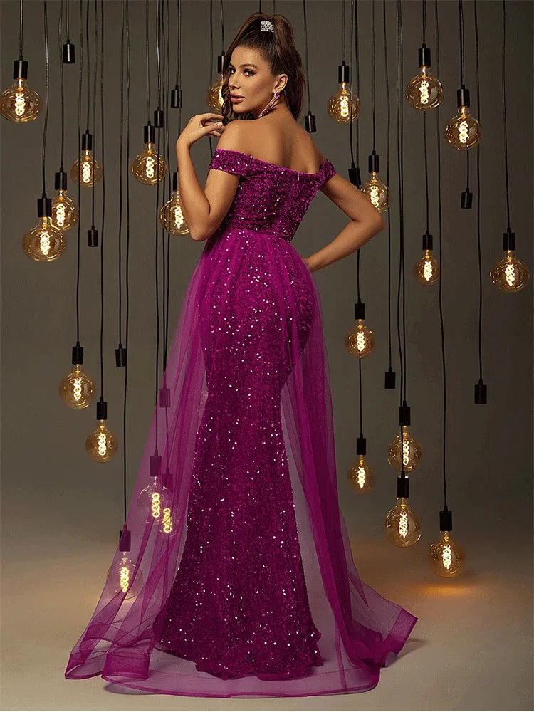 Babs Off-The-Shoulder Luxury Sequined Mesh Floor-Length Evening Gown Luxury Wedding Banquet Women's Shiny Prom Gown