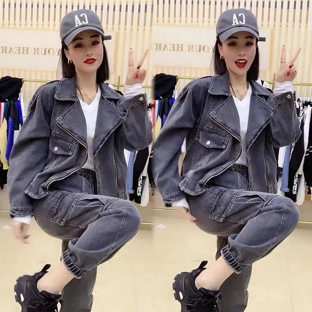 Maxy Autumn Oversize Denim Coat Jacket + High Waits Loose Jeans Women Pants Two-piece Outfits Women Denim Trouser Suit Fashion