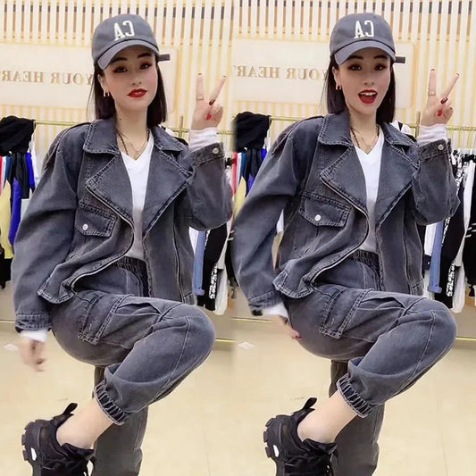 Maxy Autumn Oversize Denim Coat Jacket + High Waits Loose Jeans Women Pants Two-piece Outfits Women Denim Trouser Suit Fashion