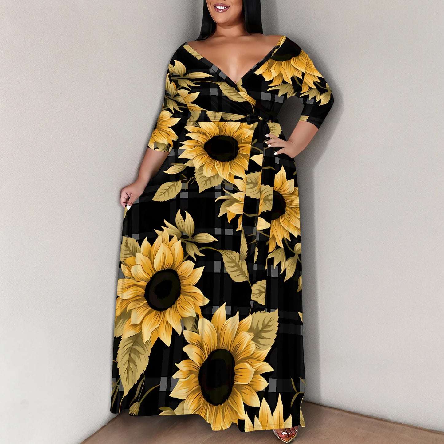 Maxy Plus Size for Women Summer Casual Floral Printing V Neck 3/4 Sleeve Maxy Floor Dress Lace Up Beach Sundress