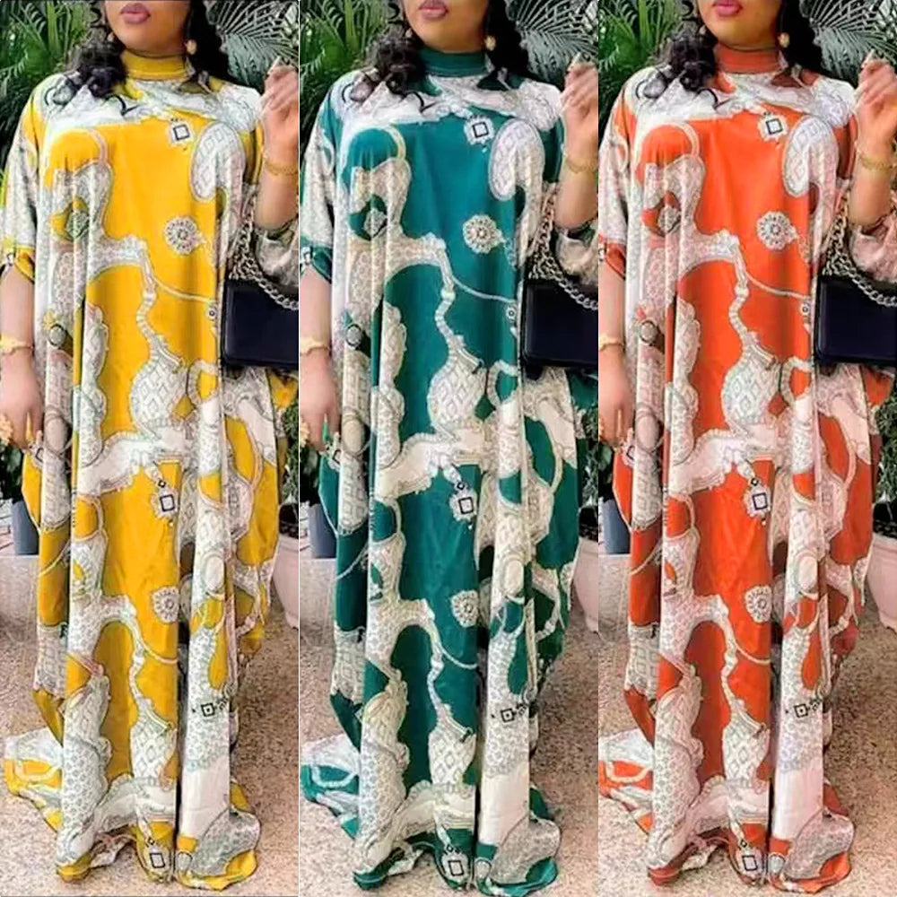 Maxy Elegant Dresses for Women New Plus Size Print Kaftan Muslim Evening Party Long Dress Summer Clothing