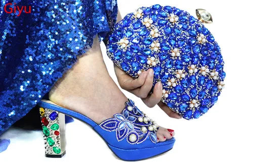 Momsey new Shoes and Bag Set African Sets 2019 blue Color Shoe Bag Set Decorated with Rhinestone High quality shoes