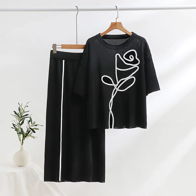 Maxy Casual Spring Summer Knitted Two Piece Women Sets Loungewear Knit Skirt 2 Piece Set Floral Short Sleeve Knitted Dress Sets Women