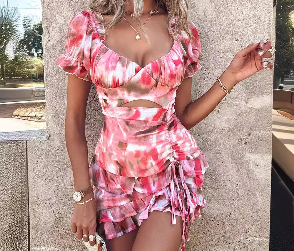 Maxy Summer Dress Women Streetwear Spring 2024 New Fashion Short Skirt Elegant Loose Fit Bubble Sleeve Drawstring Dresses for Female