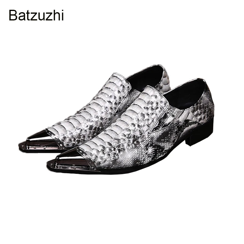 Visco Italian Style Men's Shoes Pointed Iron Toe Fashion Snake Pattern Leather Dress Shoes Men Formal Business/Party Shoes