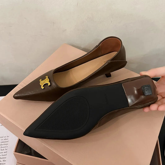 Maxy Female Luxury Low Heel Footwear Shallow Pumps Shoes for Women Summer Designer Brand Pointed Toe Metal Heeled Sandals Slides