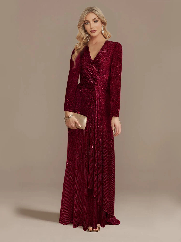 Maxy Luxury Long Sleeve V-Neck Evening Dress Wedding Party Sequins For Women Female Guests Red Prom Cocktail Dresses