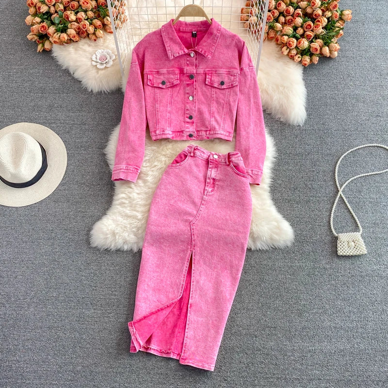 Maxy Autumn Women Pink Denim Sets Lapel Long Sleeve Short Denim Jacket High Waist Denim Skirt Korean Female Two Piece Set Streetwear