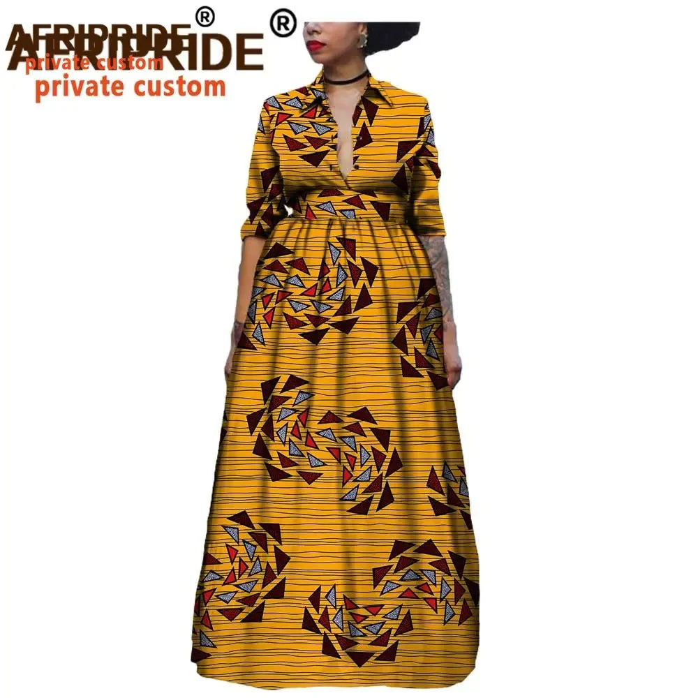 Maxy African Long Dresses for Women Half Sleeve Ankle-length Notched Collar Party Dress Print Ankara AFRIPRIDE A1825075