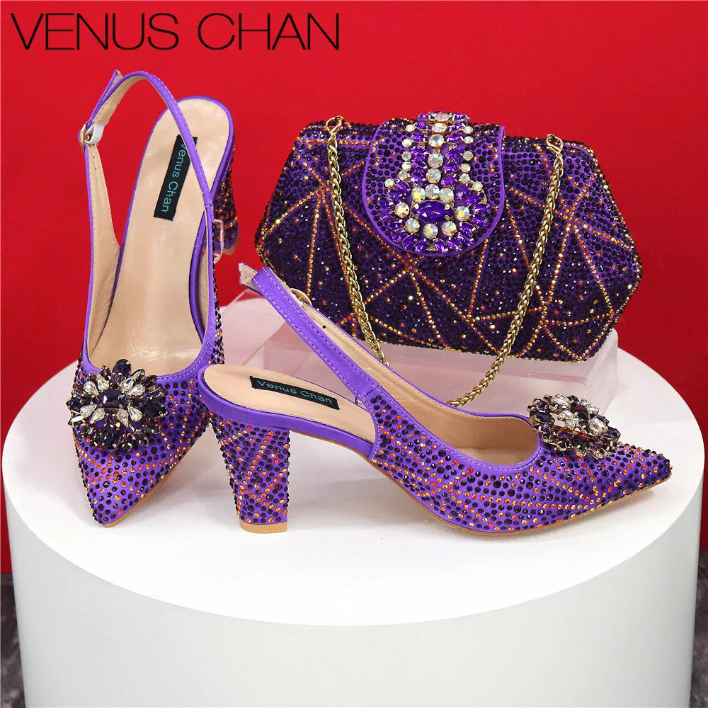 Maxy Shoes and Bags Matching Set Decorated with Rhinestone Full Diamonds Wedding Shoes Bride Designer Shoes Women Luxury