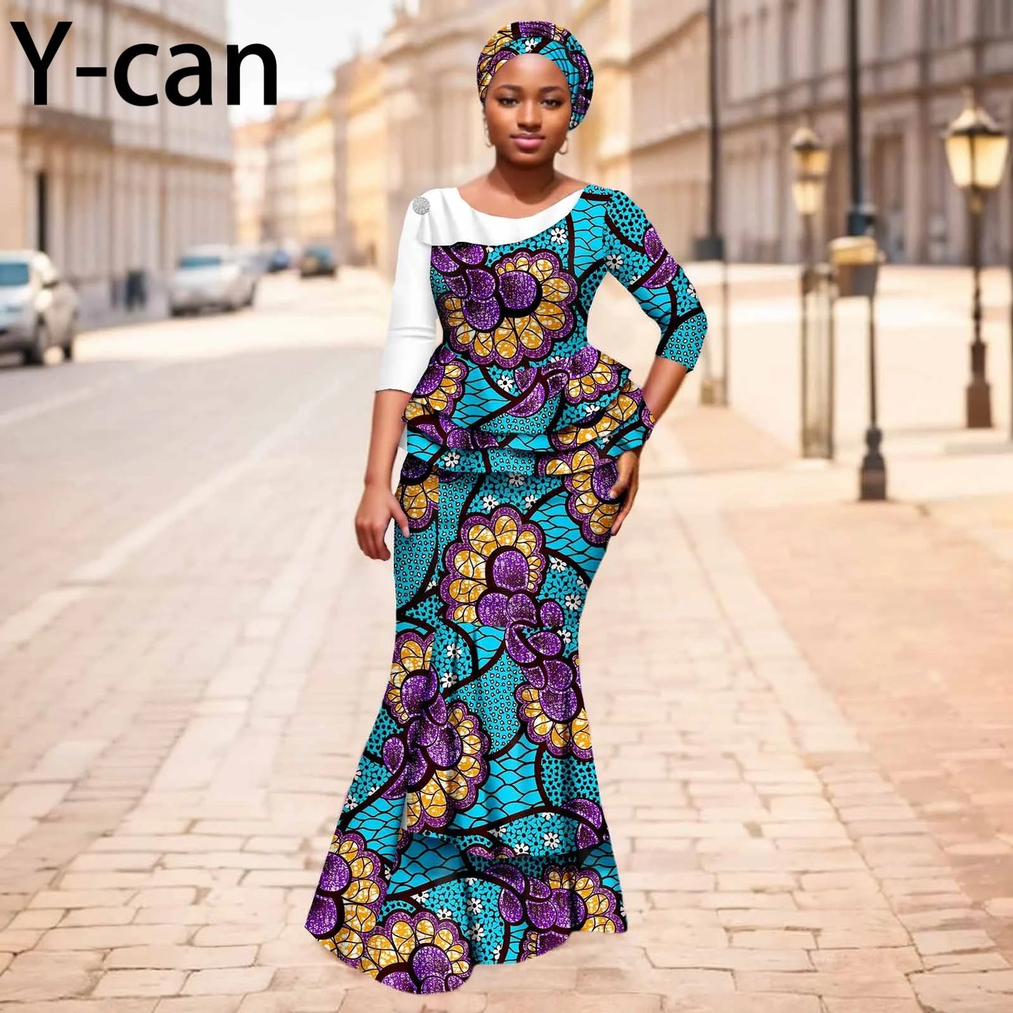 Maxy New African Dresses for Women Dashiki Print Patchwork Top and Mermaid Skirt Match Turban Traditional Wedding Party Dress 2526004