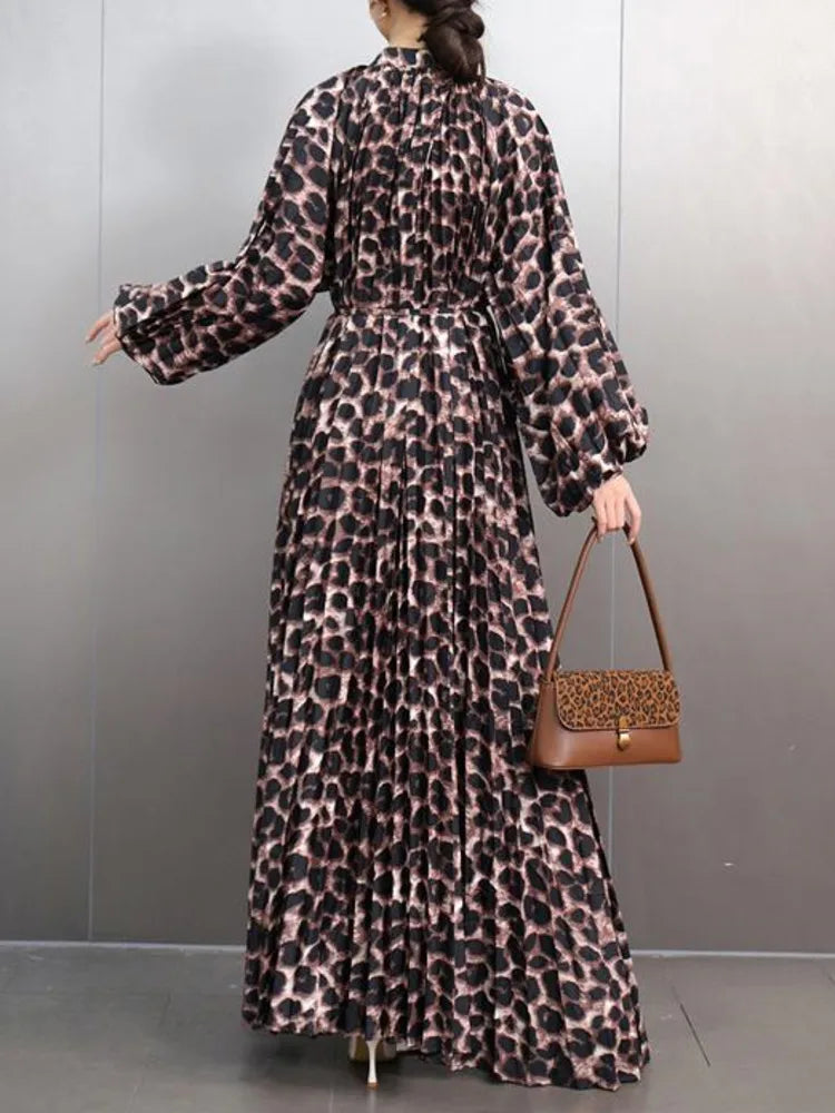 Babs Fashion Leopard Print Large Size Dress Women O Neck Loose Floor Length Long Style Casual Elegant Clothing New 5ZD1103