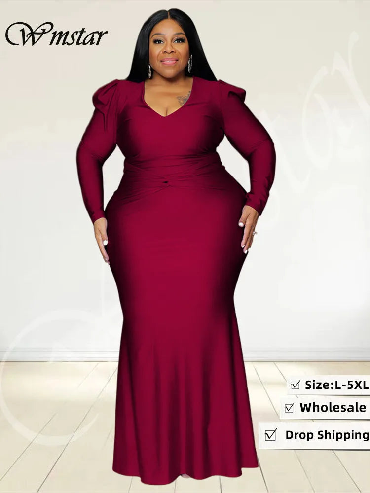 Wmstar Plus Size Party Dresses Women V Neck Long Sleeve Full Length Bodycon Elegant Evening Maxi Dress Wholesale Dropshipping