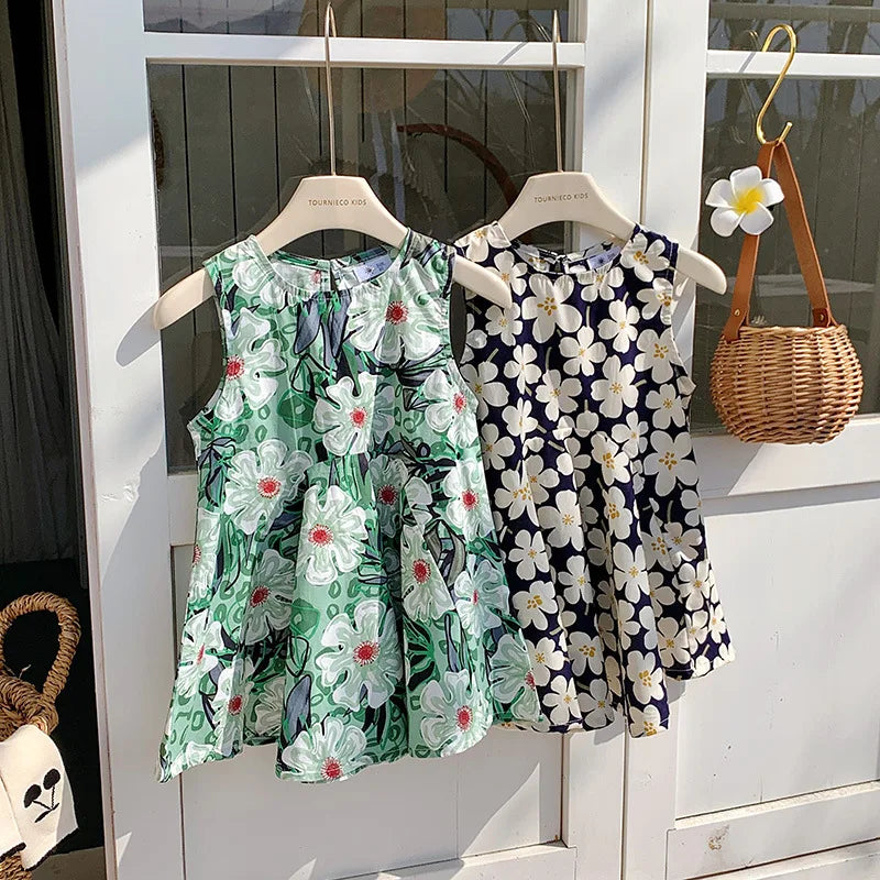 Maxy United States style girl dress summer new crew-neck sundress small and medium-sized children's dress floral style skirt