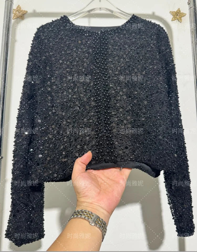 Maxy Fashion Heavy Sequin Beaded Cardigan Jacket for Women Slim Fit Bodycon Mid-Length Skirt Trendy Long Sleeve Coat