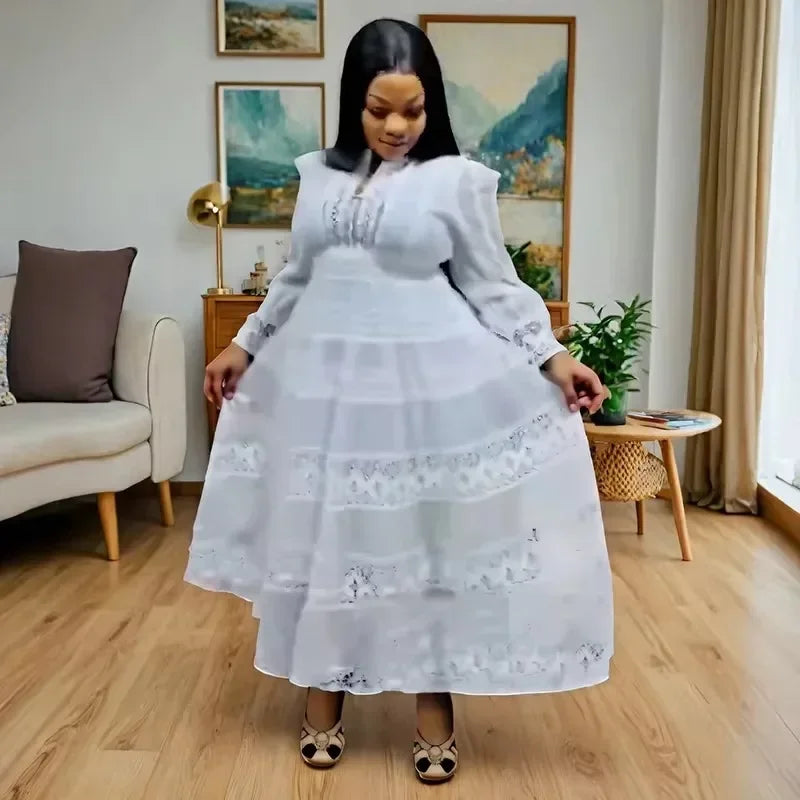 Amay Elegant Dress Women for Wedding Party Spring Autumn African Long Sleeve Polyester Lace Long Dress Dashiki African Clothes