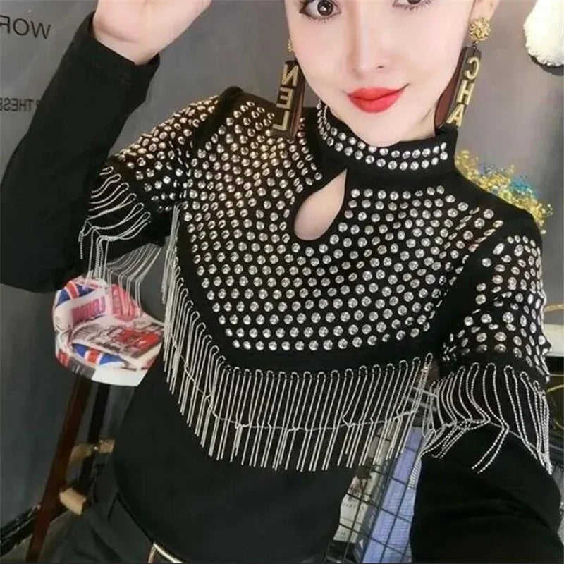 Maxy Tassel Hot Drill Tee Women T-shirt Spring Fall Hollow Out Pullover Stand-up Collar Long Sleeve Shiny Cotton Female T-Shirt