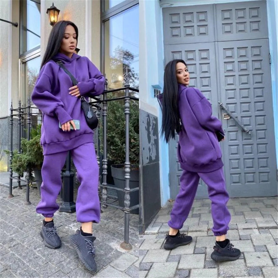 Maxy Winter Two Piece Set Women Tracksuit Oversized Suit 2024 Autumn Trouser Suits Female Sweatshirt Solid Sports Hoodie Sportswear