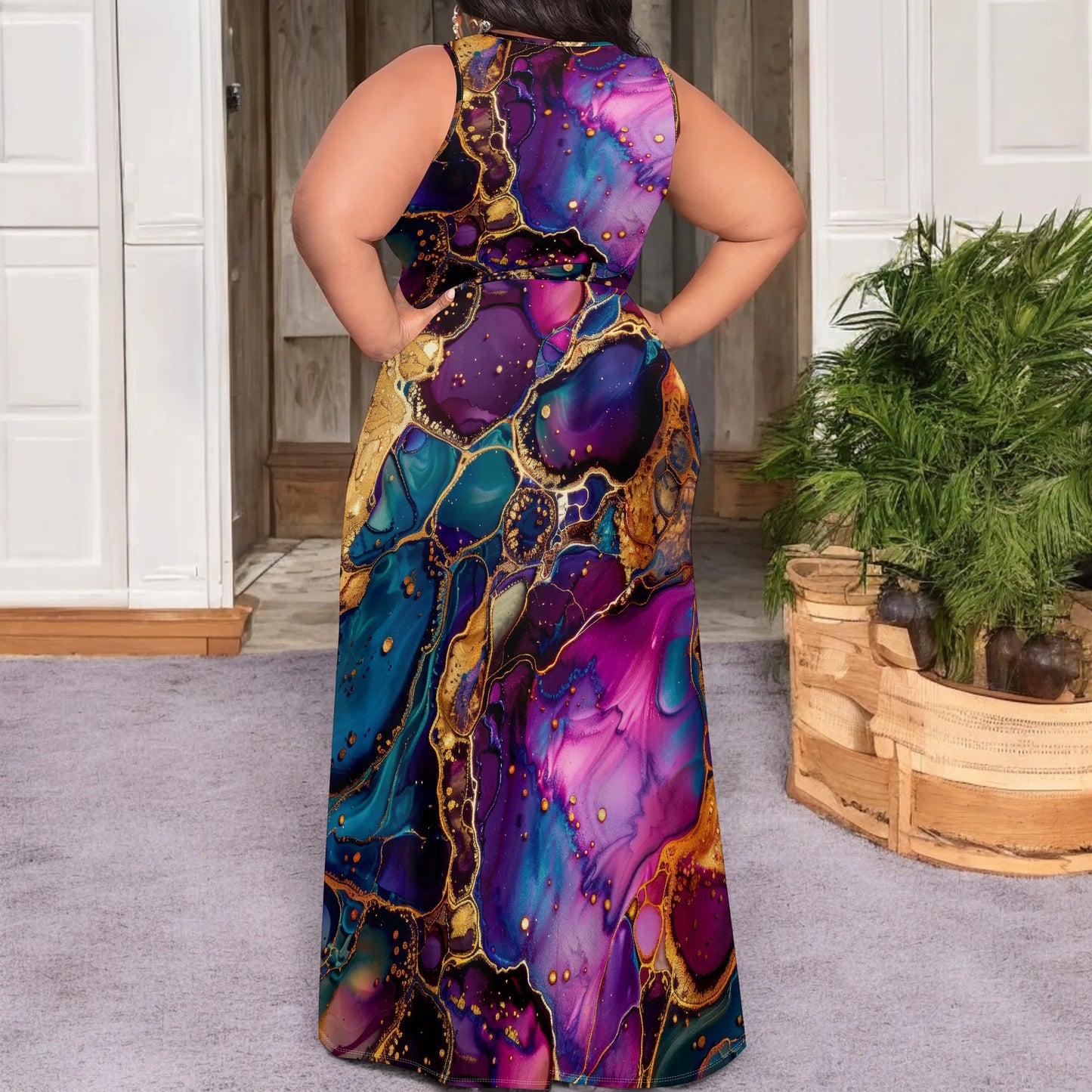 Maxy Galaxy Marble Print Maxi Dress XL-6XL – Sleeveless Wrap V-Neck Split Gown for Women Elegant Cruise or Evening Party Look