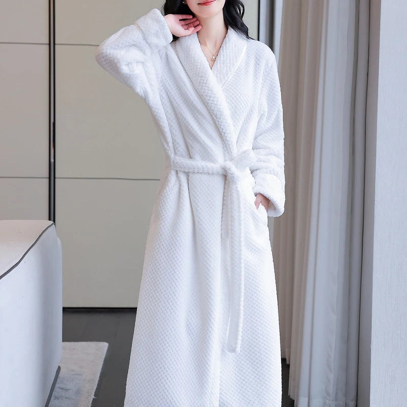 Maxy Autumn Winter Flannel Women Long Robe Nightgown Thicken Warm Bathrobe Sleepwear Loose Casual Coral Fleece Home Dress Lounge Wear