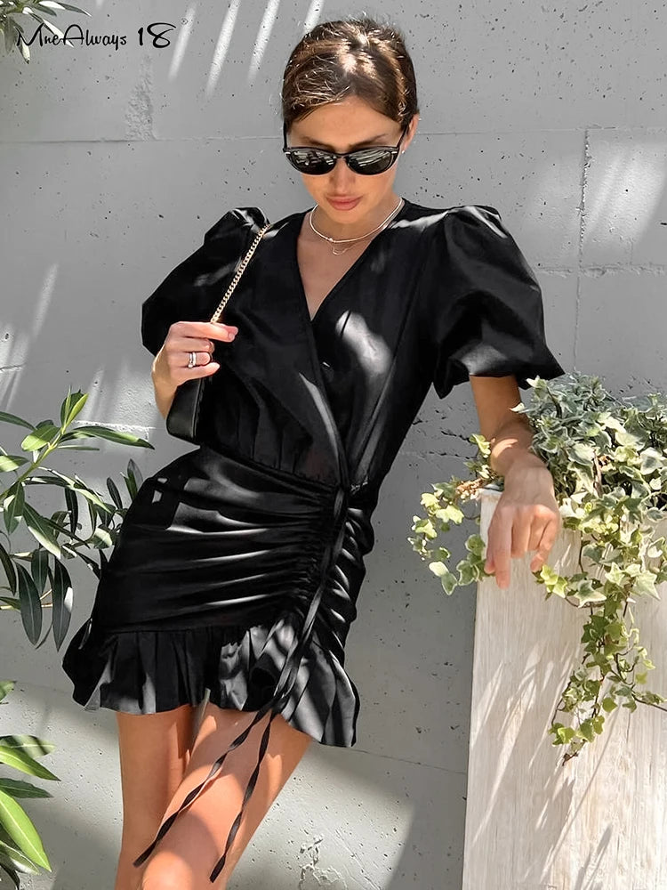 Gracy's Black Drawstring Elegant Mini Dress Womens Puff Sleeves Ruffled V-Neck Office Ladies Dress Summer High Waisted