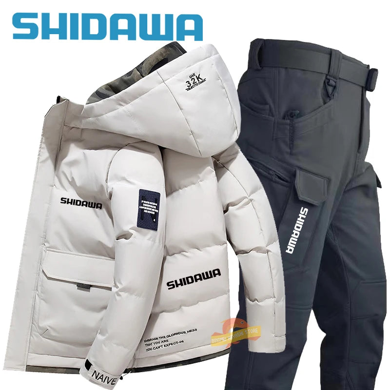 Maxy New Fishing Suit Men Winter Down Clothing Windproof and Coldproof Mountain Climbing Jacket + Waterproof Warm Pants Two-piece Set