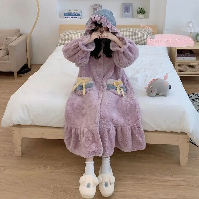 Maxy Ruffles Robe Women Sleepwear Hooded Nightdress Winter Fleece Pajama Night Wears Warm One Piece Nightgown Button Homewear