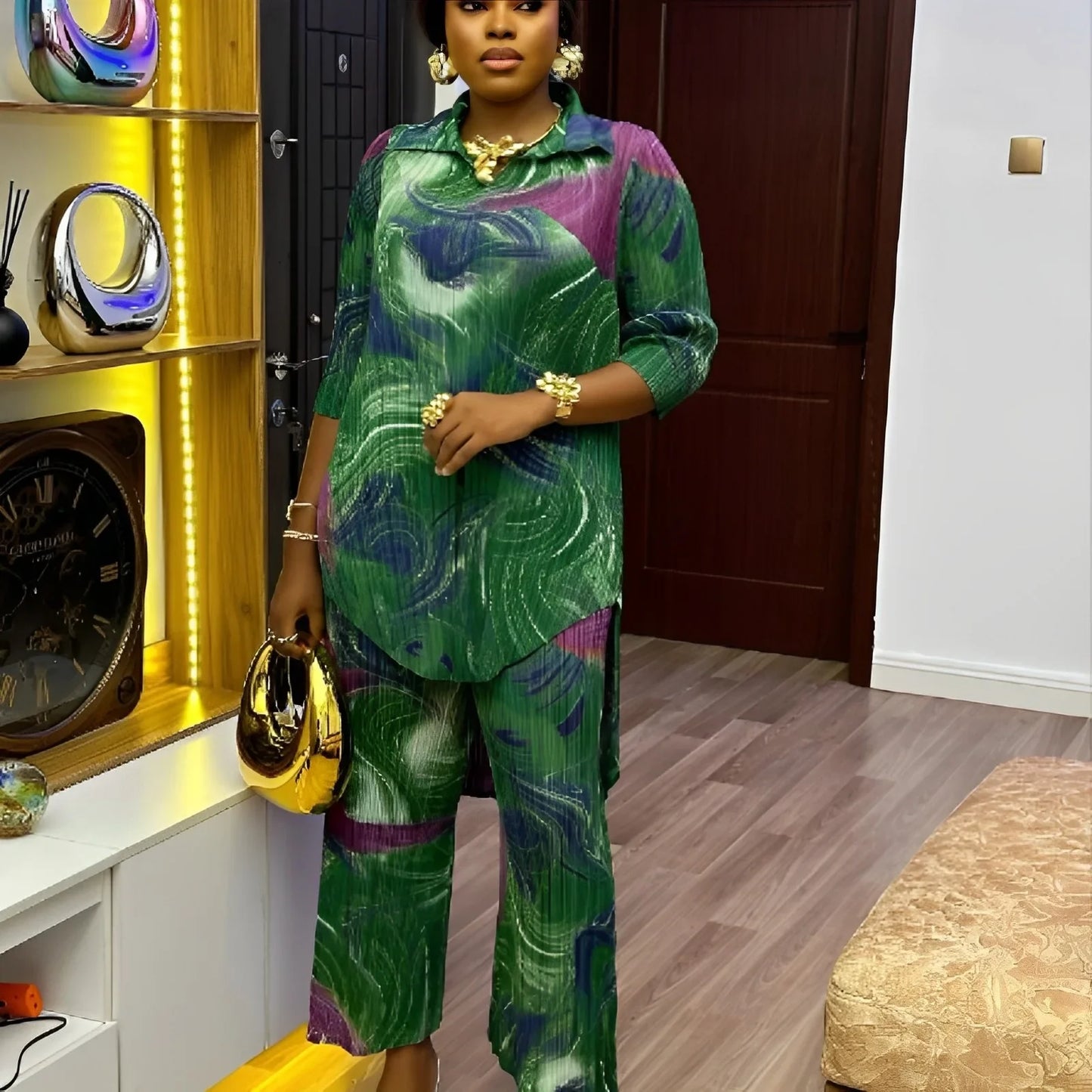 Babs Dress Pleated Lapel Contrast Printing Long Sleeve Straight Pants Temperament Plus Size Womens Pants Suit