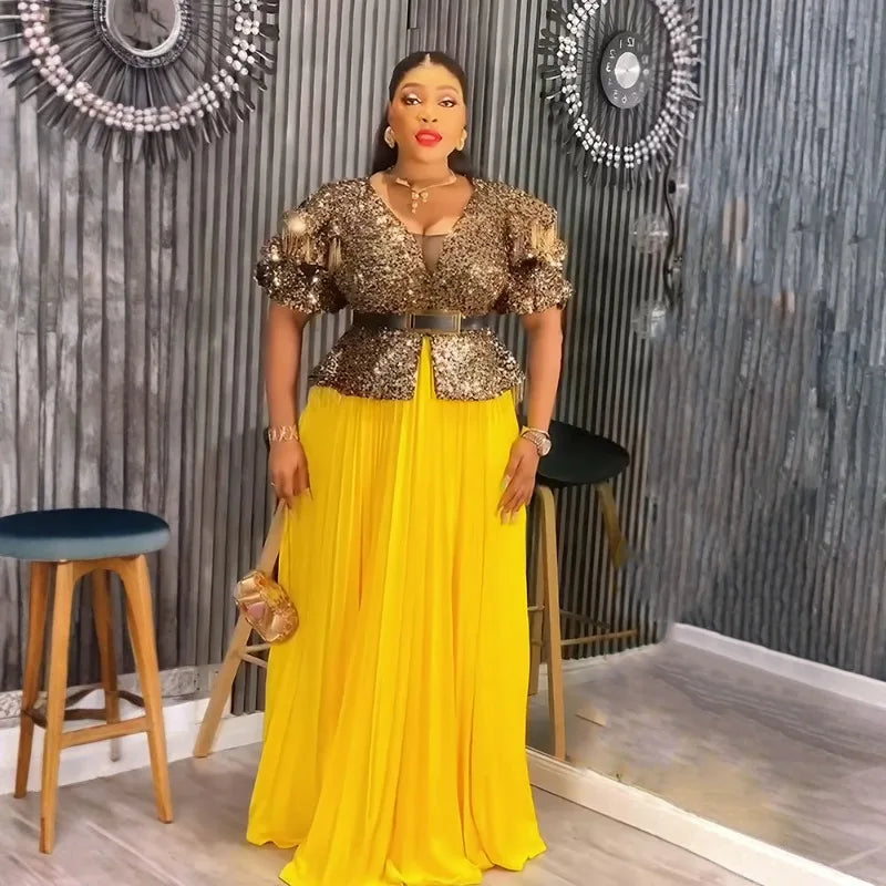 Maxy Plus Size African Women's Sequined Long Maxy Dress Short Sleeve V Neck Elegant Hem Pleated Big Swing Party Dress Dubai