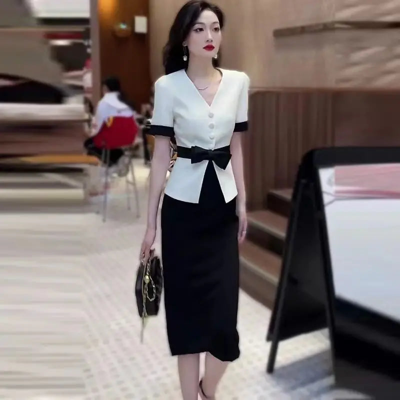 Maxy Slit Midi Office Skirt 2 Pieces Sets for Women Suits Short Sleeve Woman Outfit Festival Stylish Clothing Trend New Arrivals