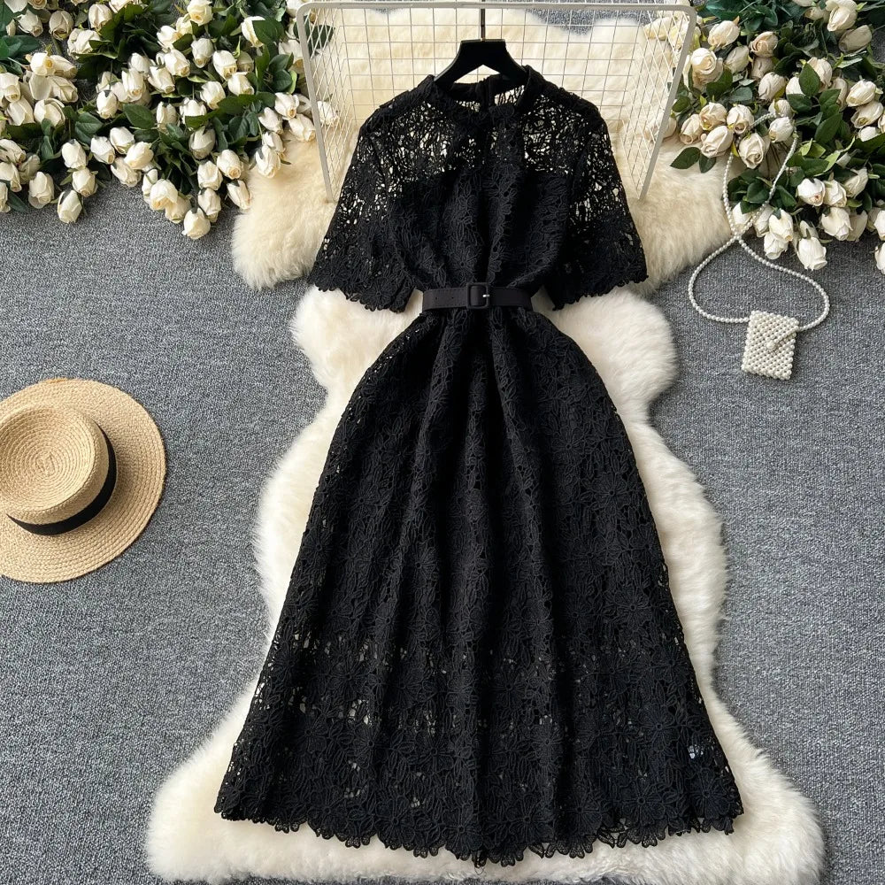 Maxy Temperament Stand Collar Half Sleeve Lace Robe French Style Belt Slim Waist Hollow Out Vestidos Elegant Crochet Mujer