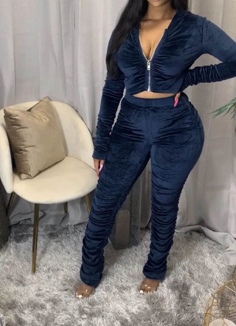 Maxy Autumn Winter Velvet Tracksuit Two Piece Set for Women Matching Sets Ruched Hoodies Jacket Stacked Pants Joggers Sweat Suits