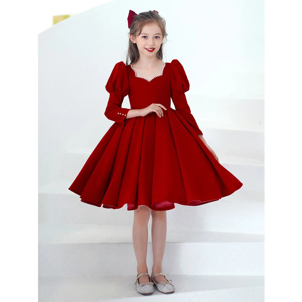 Maxy Princess Noble Princess Evening Dress Mesh Solid Red Ball Gown Children Christmas Party Dress Flower Girl Wedding Dress for 2-10 Year Kid