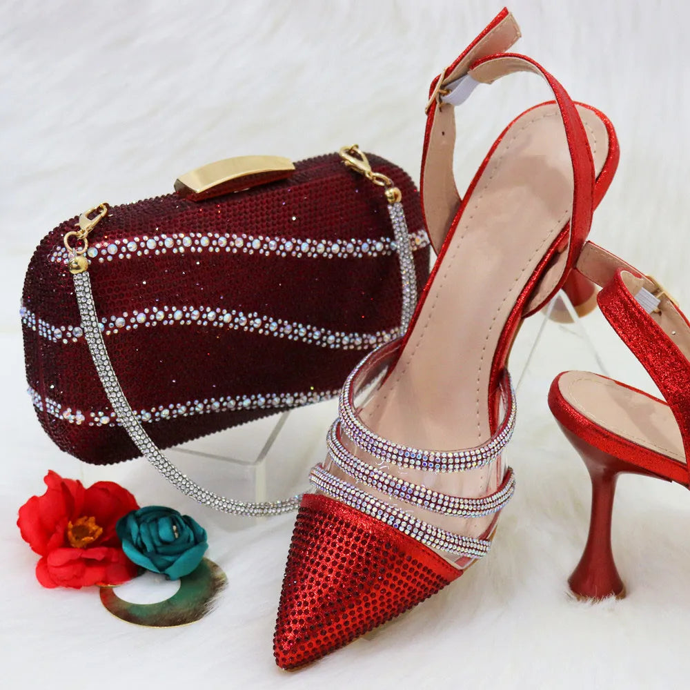 Maxy Summer Elegant Ladies Sandals Shoes and Bag Set Italian Rhinestone High Heels Shoes with Bags Nigerian Women Party Shoes