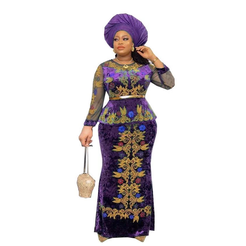 Velvet African Dresses for Women Dashiki Long Sleeve Robe African Dress Africa Clothes Christmas Diamond  Maxi Dress No Headtie