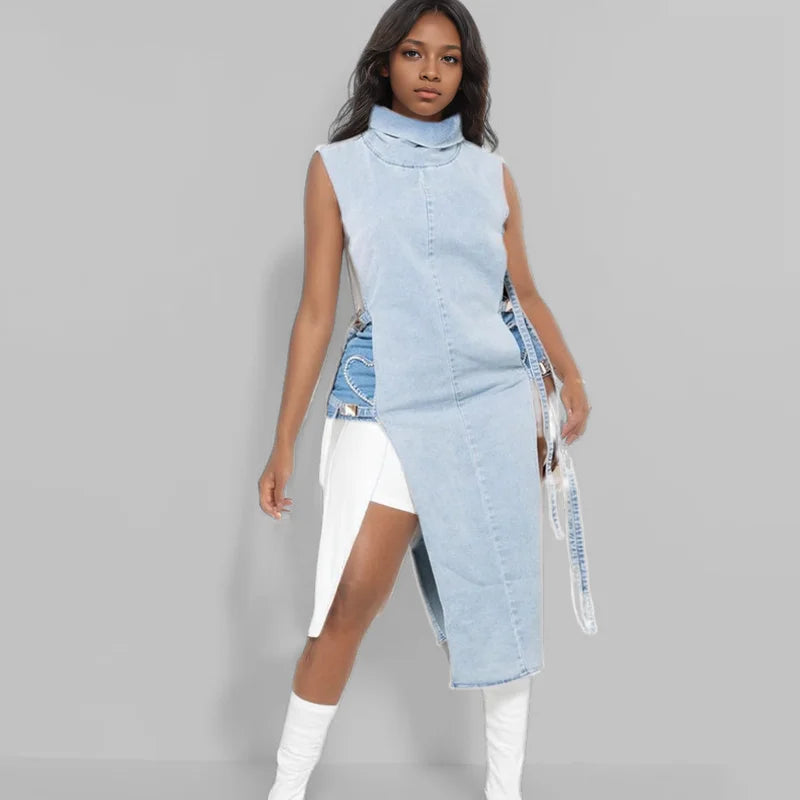 Maxy Vintage Fashion Women's Hollow Out Bandage Design Denim Dress Autumn Stand Collar Sleeveless Dresses Female 1LS029
