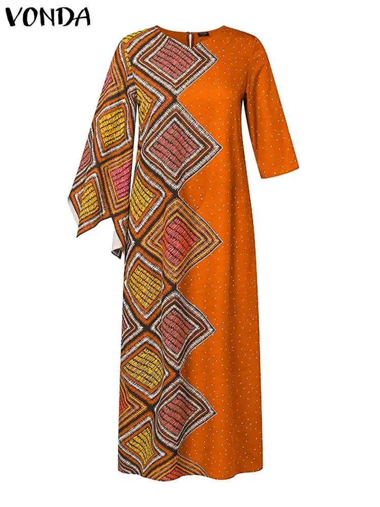 Maxy Plus Size 5XL VONDA Bohemian Long Dress Women Vintage Printed Sundress 2024 Autumn V-neck Flare Sleeve Casual Loose dress