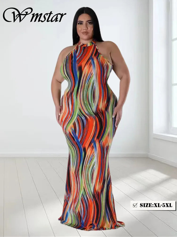 Wmstar Plus Size Dresses for Women Sleeveless Print Secy O Neck Open Back Maxi Long Dress Summer Holiday Wholesale Dropshipping