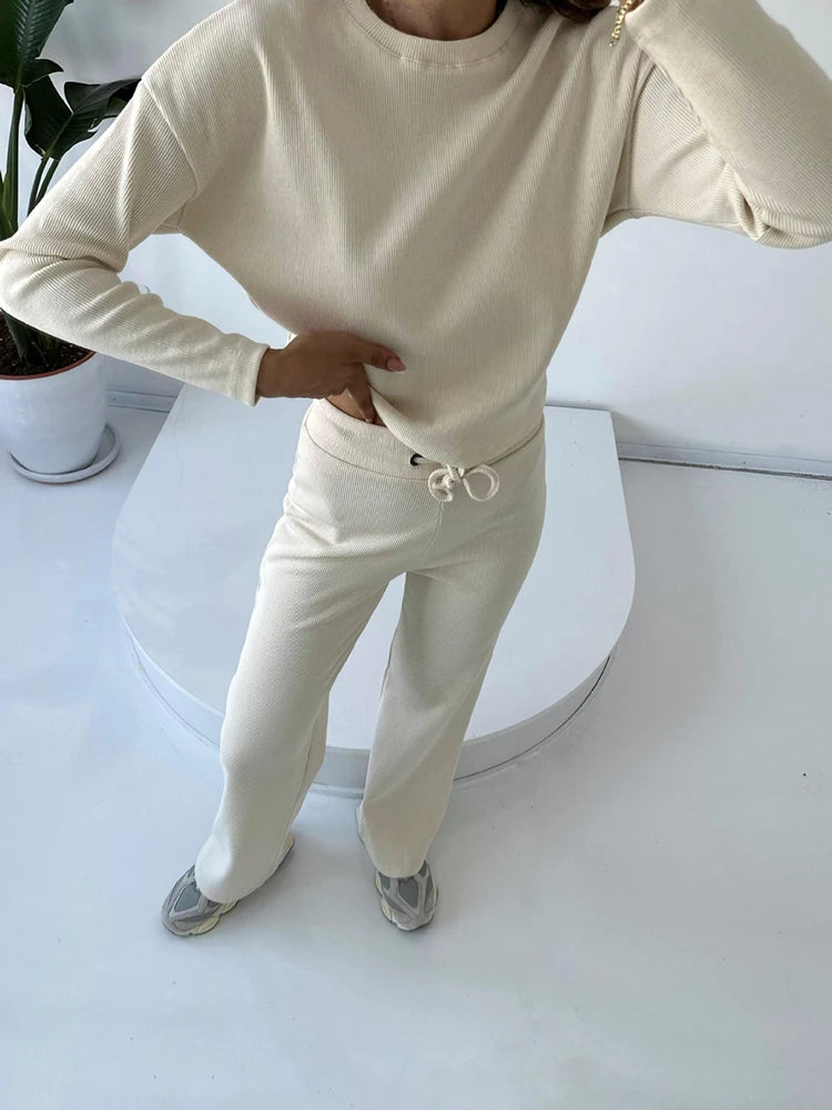 White Women's Tracksuit with Long Sleeve T-shirt 2024 Spring Wide Leg Trousers Two Piece Set Knitted Suits for Women O-neck Tees