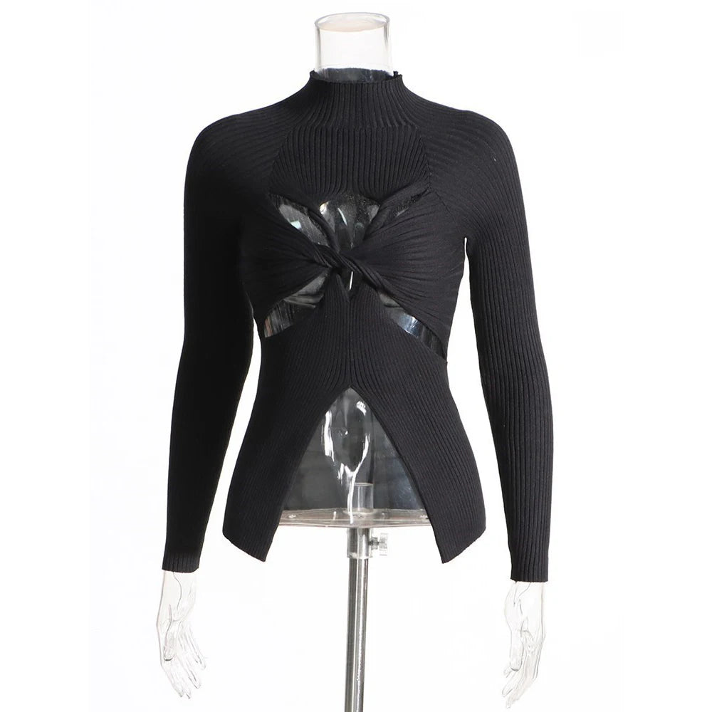 Amay Hollow Out Slimming Chic Sweaters For Women Stand Collar Long Sleeve Minimalist Knitting Pullover Sweater Female Fashion New