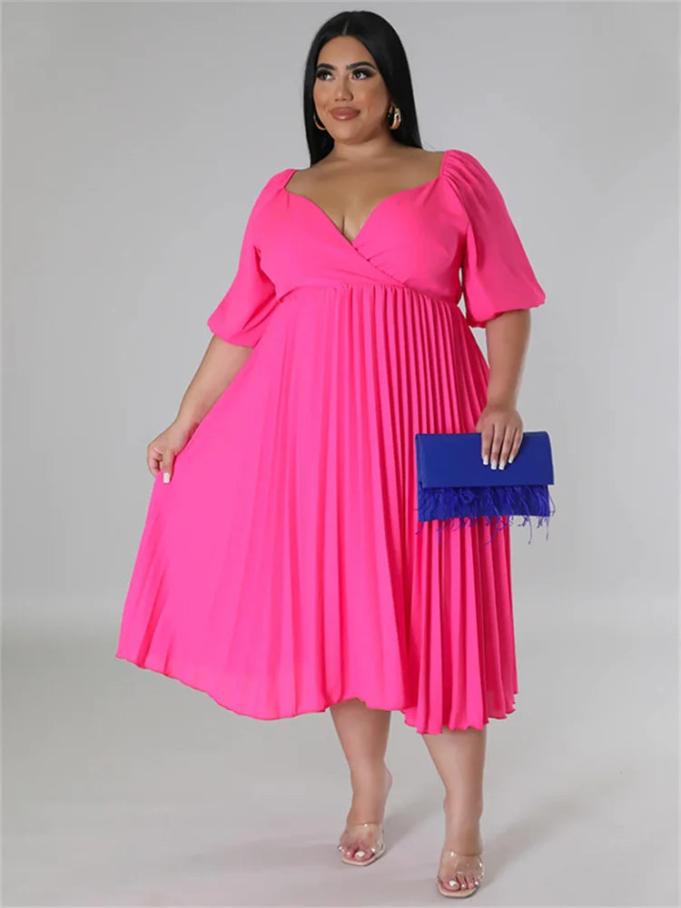 Maxy Plus Size Women Clothing Dresses for Women New In Summer Solid V Neck Maxy Dress Fashion Pleated dtress