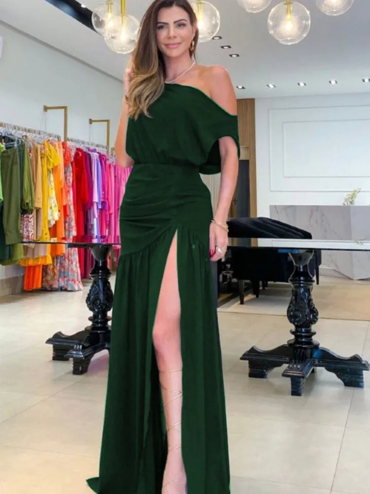 Maxy Elegant Women's Red Black Off Shoulder Party Maxy Dress Summer Sexy One-line Neck Raglan Sleeve Slit Holiday Dresses Robe