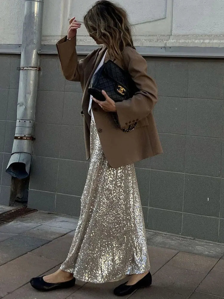 Maxy Autumn Sequin Dress Suit Sexy Club Party Women Crop Top+Long Skirt Elegant Two Piece Matching Set